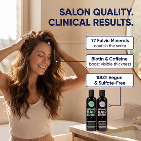Moerie hair before after comparison showing thicker-looking strands and fuller benefit
