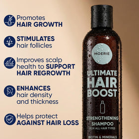Moerie label close-up highlighting biotin, rosemary and nutrient claims
