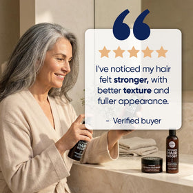 Moerie lifestyle on bathroom shelf promoting simpler hair routine