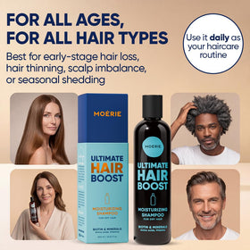 Moerie shampoo in hand usage showing easy application and improved manageability