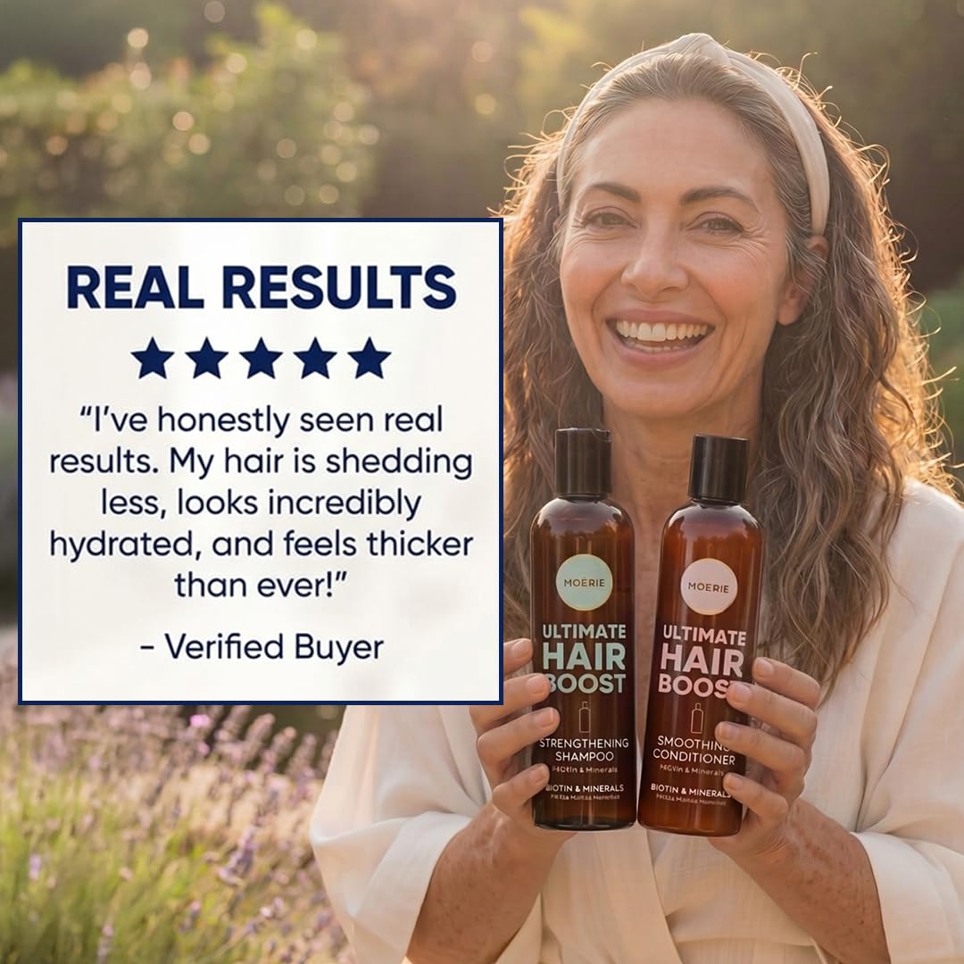 Moerie styled hair after use showing thicker-looking hair benefit