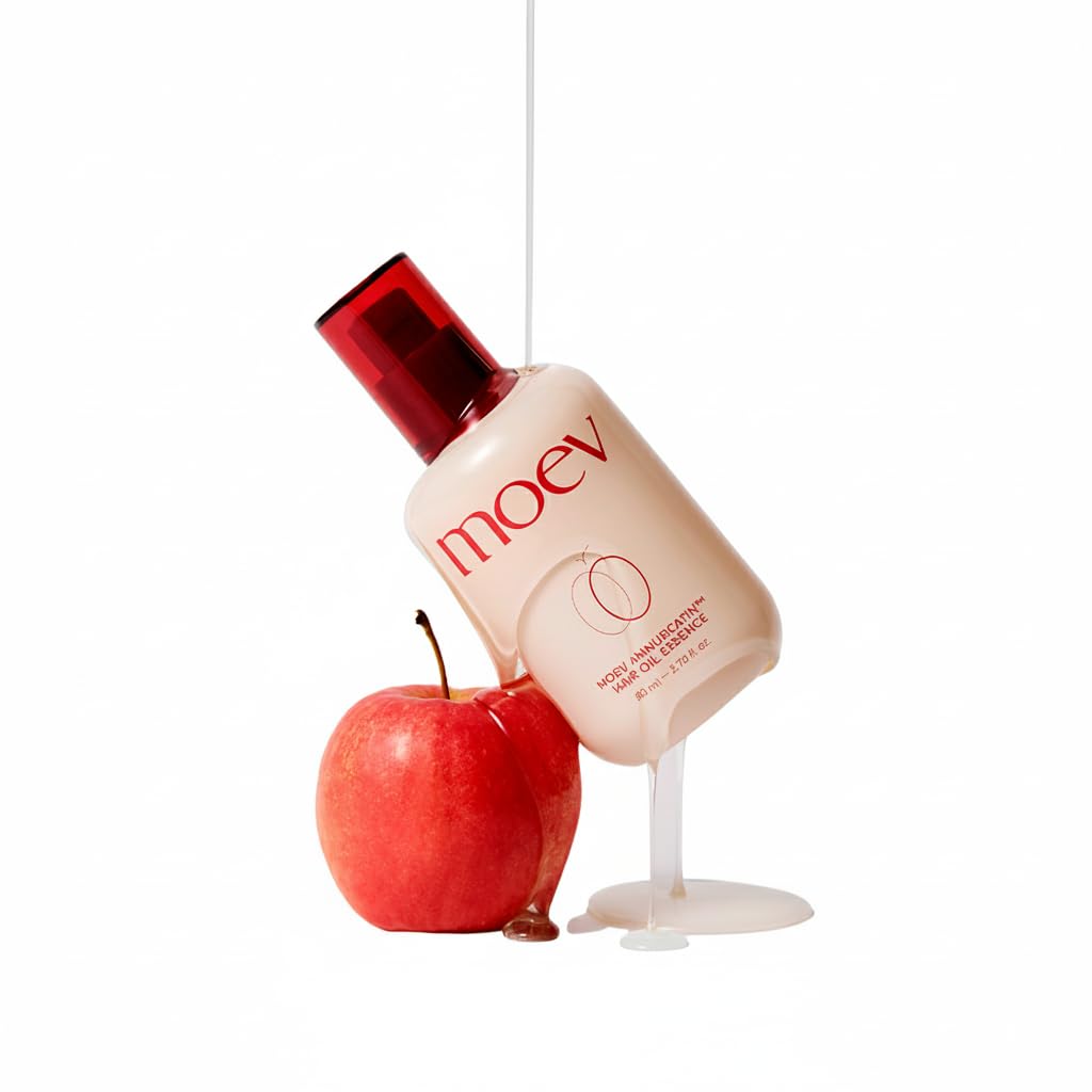 MOEV bottle front view showing sleek label and apple-scented serum benefit