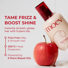 MOEV pump and label close-up highlighting ingredient list and clarity benefit
