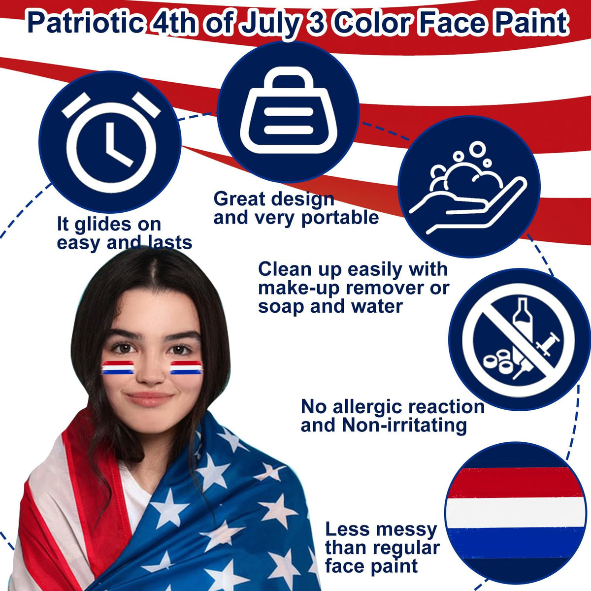 Mofuiry application on cheek showing bold flag design for events