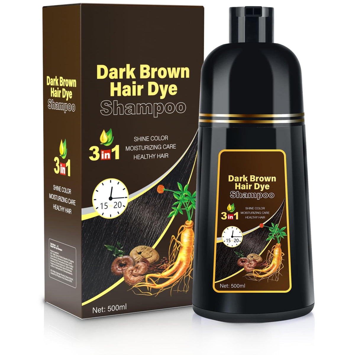 MOISTAR bottle front view showing dark brown 3-in-1 shampoo benefit