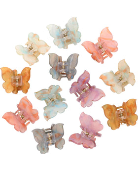 Molans front view of twelve sequined butterfly clips shows decorative sparkle and organized pack