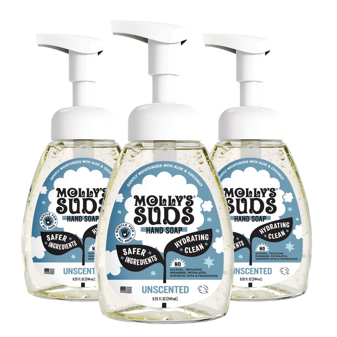 Molly's Suds front packaging showing unscented three-bottle pack and clean formula benefit