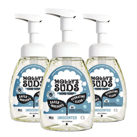 Molly's Suds front packaging showing unscented three-bottle pack and clean formula benefit