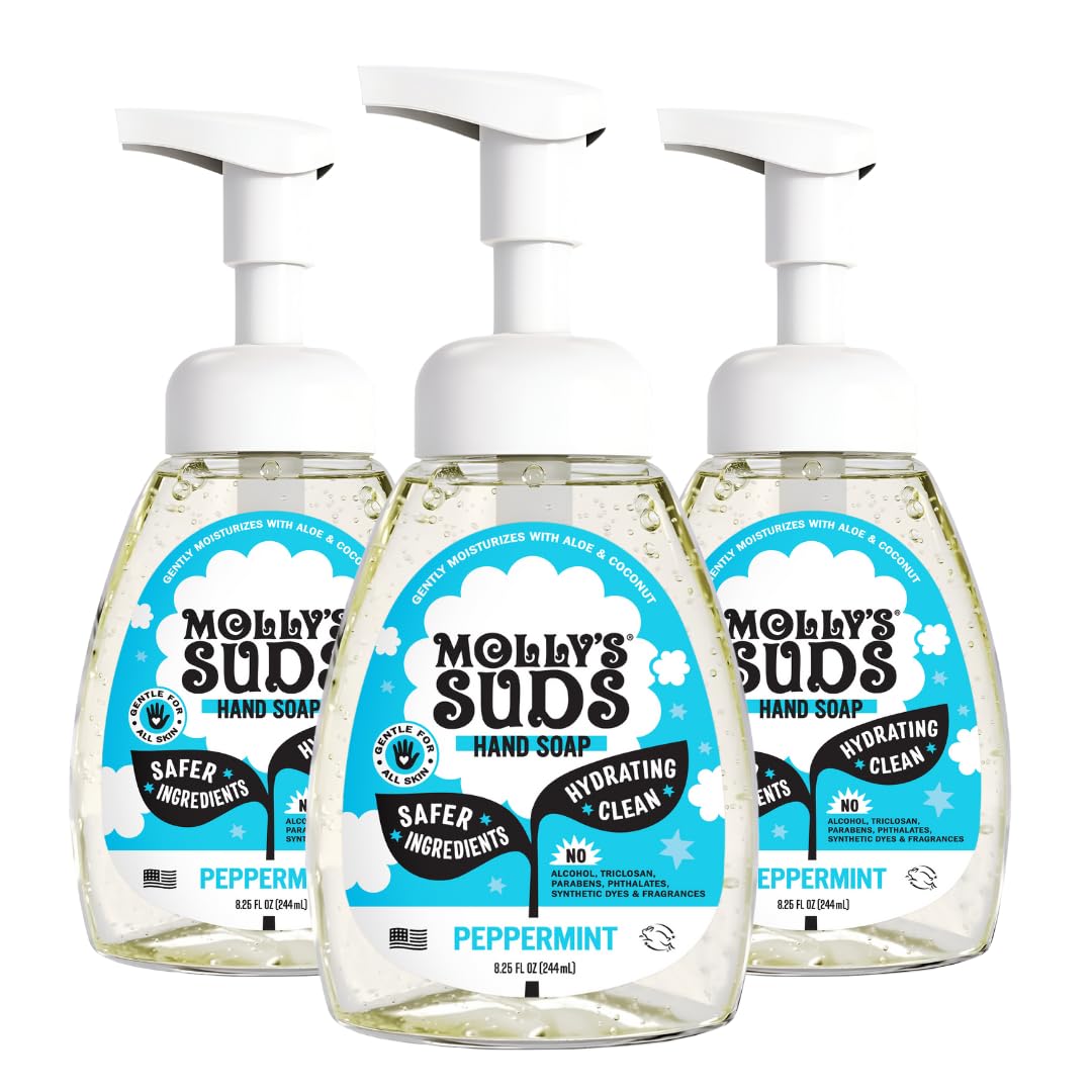 Molly's Suds front packaging showing peppermint scent and three bottles benefit: clear product info