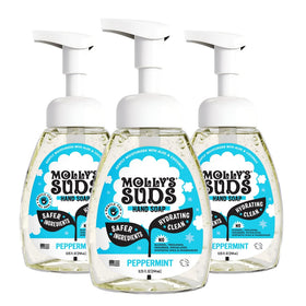 Molly's Suds front packaging showing peppermint scent and three bottles benefit: clear product info