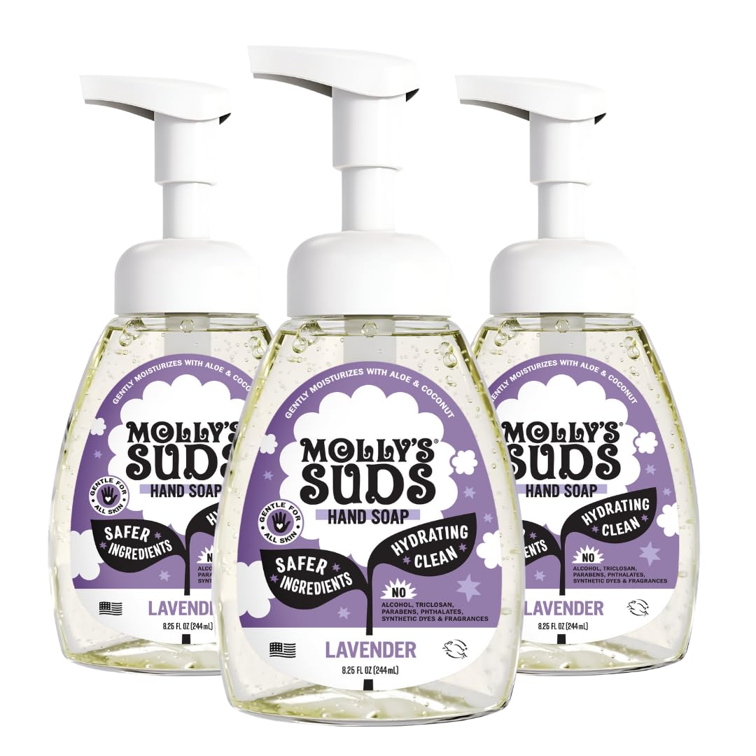 Molly's Suds front packaging shows three bottles and clear ingredient focus