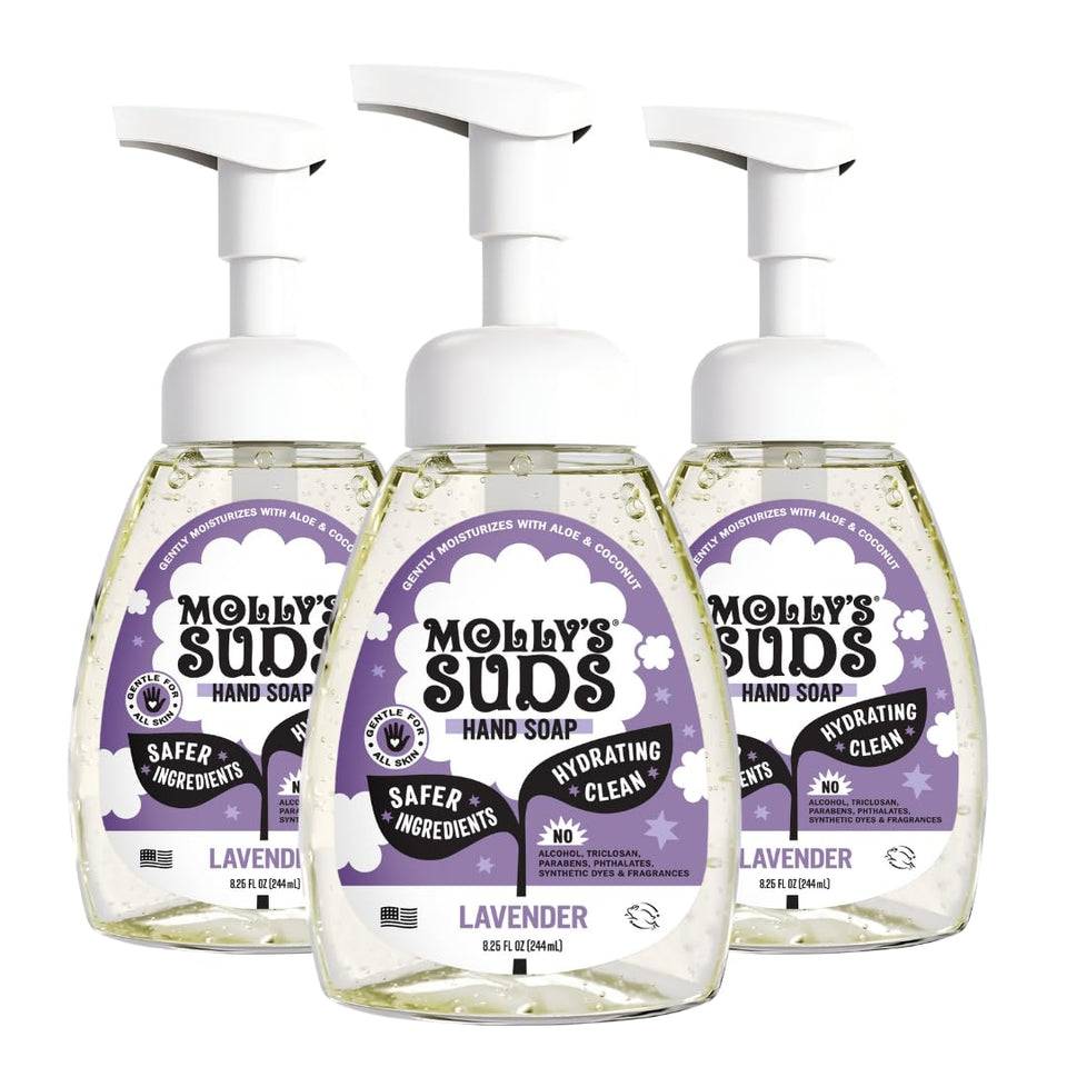 Molly's Suds front packaging shows three bottles and clear ingredient focus
