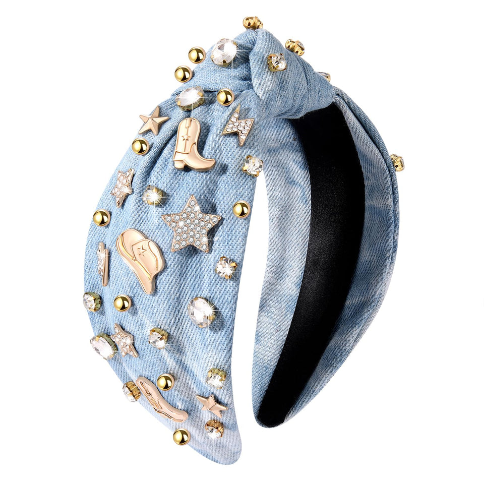 MOLOCH front view of denim headband showing knot and charms for instant country style