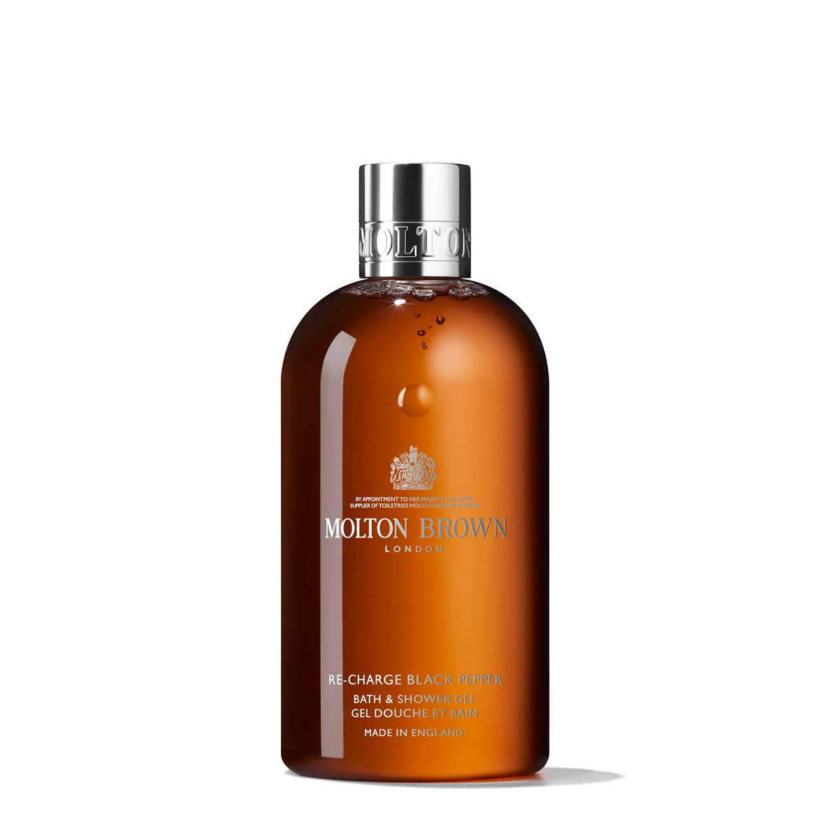 Molton Brown front packaging showing bottle and branding, conveys luxury