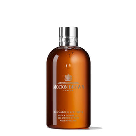 Molton Brown front packaging showing bottle and branding, conveys luxury