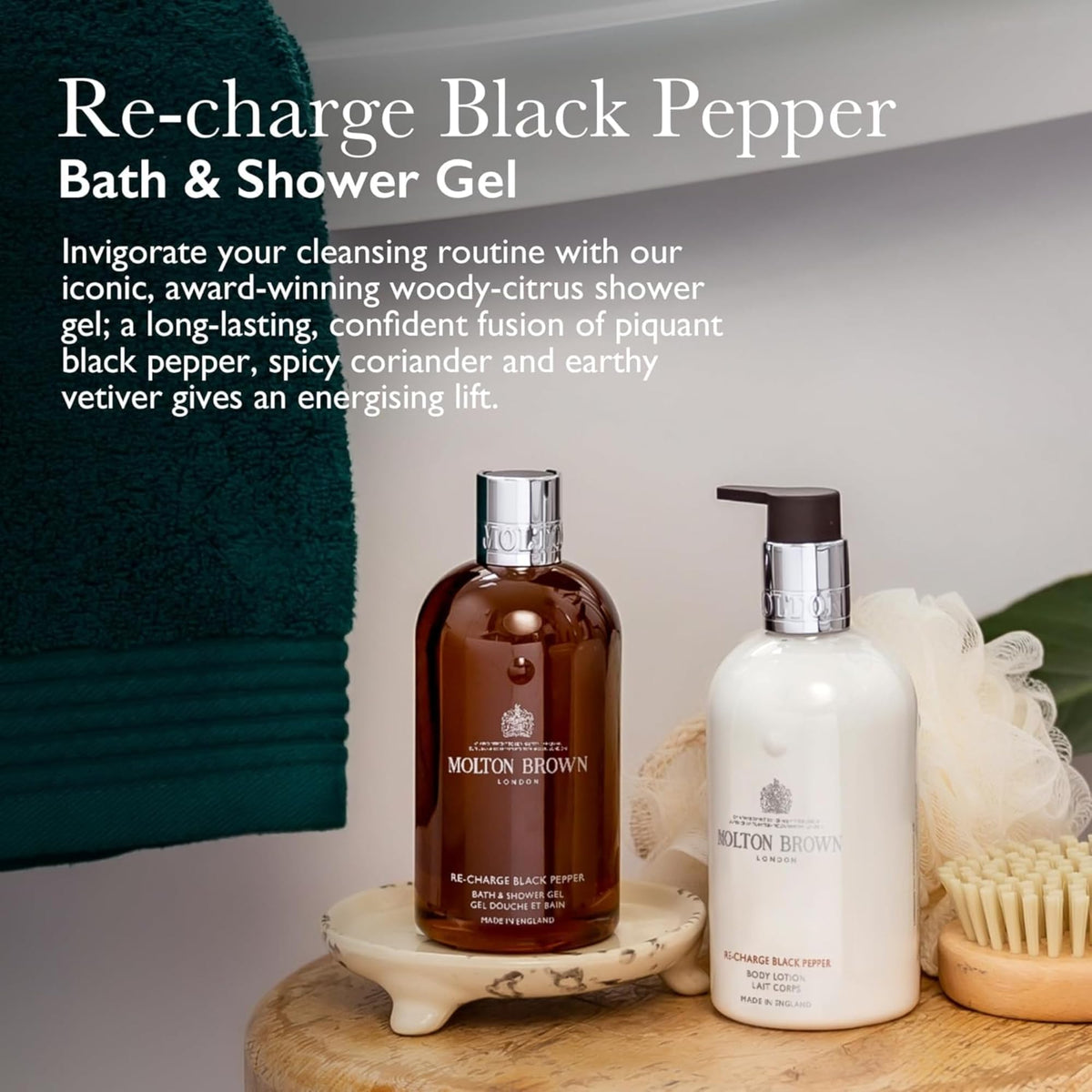 Molton Brown pump and label detail highlighting recyclable bottle benefits