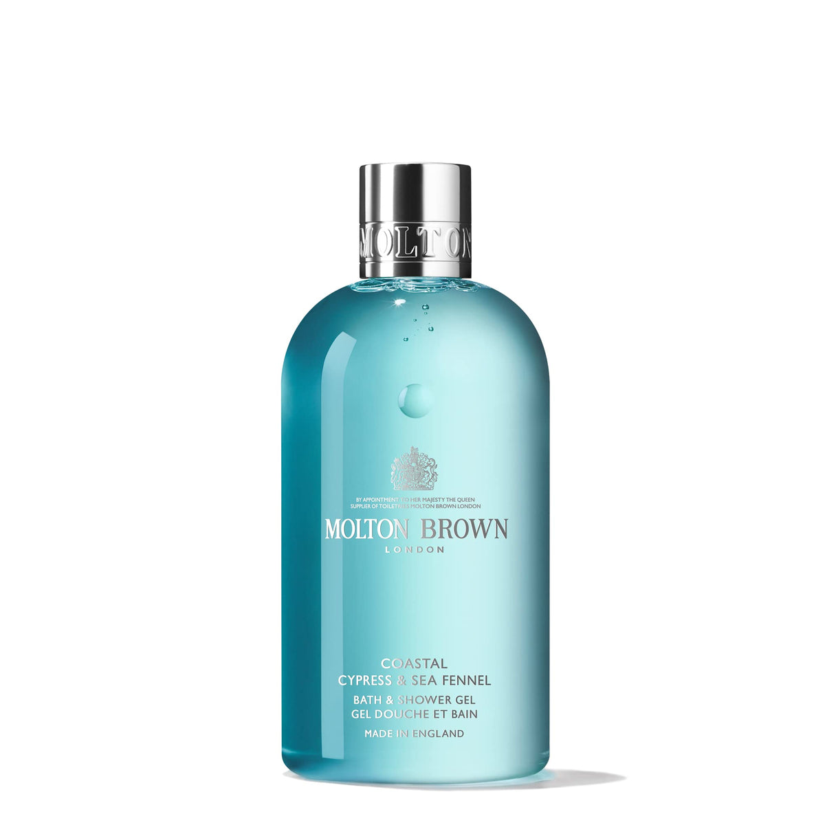 Molton Brown bottle front packaging highlighting coastal fragrance and recyclable benefit