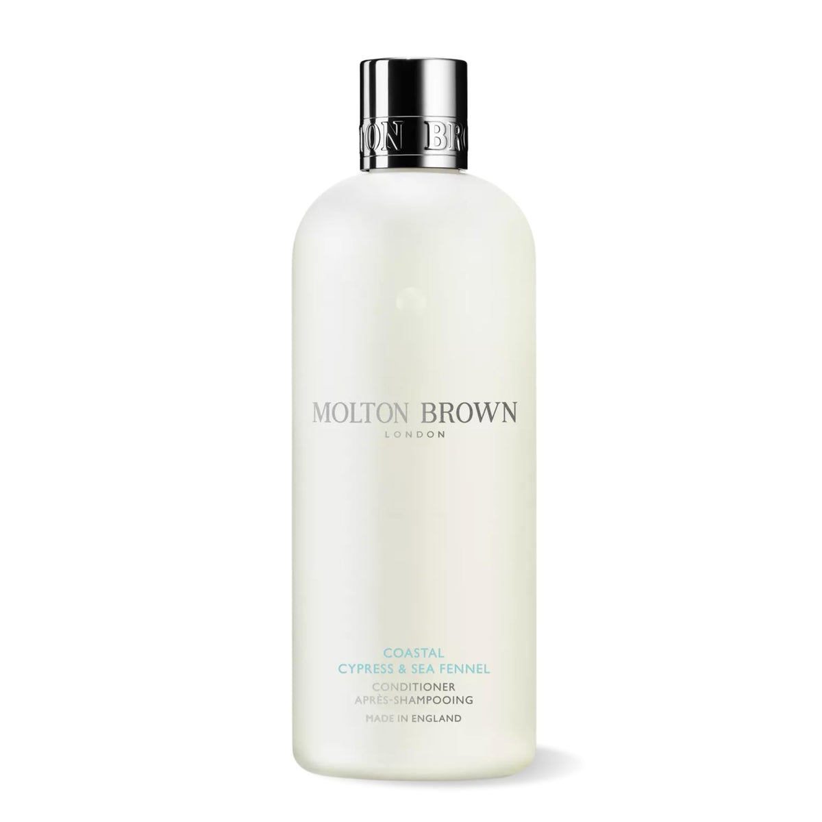 Molton Brown Coastal Cypress & Sea Fennel Conditioner front packaging showing elegant bottle and label, promising soft hair