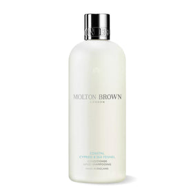 Molton Brown Coastal Cypress & Sea Fennel Conditioner front packaging showing elegant bottle and label, promising soft hair