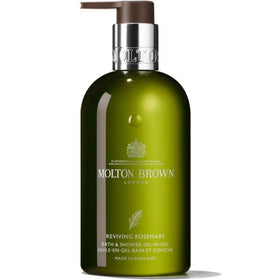 Molton Brown bottle front packaging showing rosemary oil-in-gel and benefits