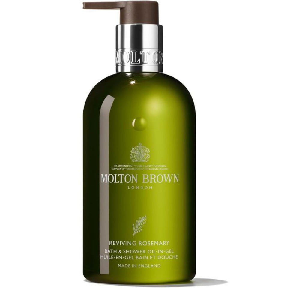 Molton Brown bottle front packaging showing rosemary oil-in-gel and benefits