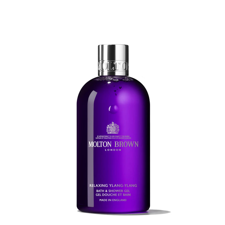 Molton Brown front packaging showing calming ylang-ylang fragrance benefit