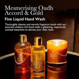 Molton Brown close-up pump with visible gold flakes delivering visual luxury