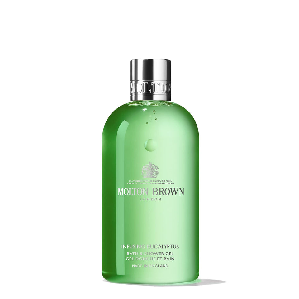 Molton Brown front bottle showing clear branding and elegant design for premium bathing