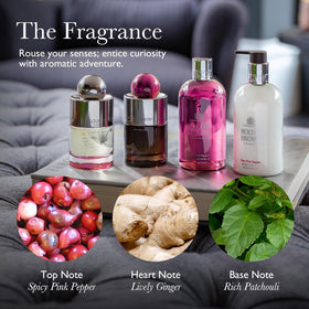 Molton Brown label close-up highlighting Fiery Pink Pepper scent and ingredient clarity