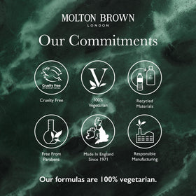 Molton Brown label detail showing ingredients and recyclable bottle benefit