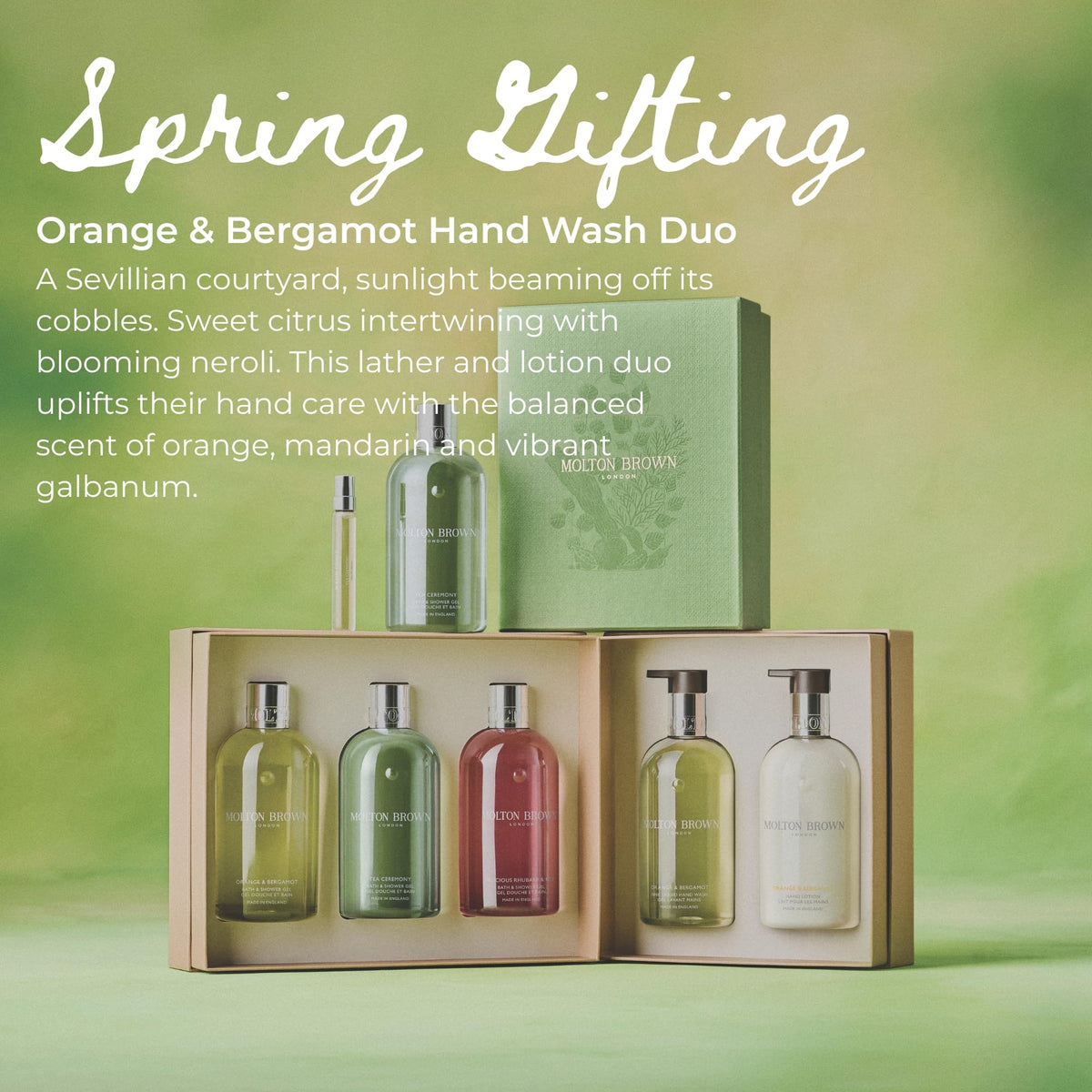Molton Brown close-up of hand wash and lotion bottles benefit clear product identification