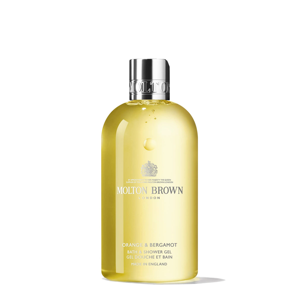 Molton Brown front bottle view showing vibrant citrus packaging and elegant branding benefit: premium visual appeal