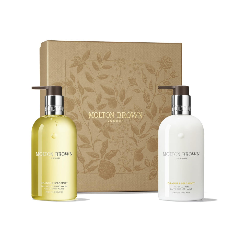 Molton Brown front packaging showing gift-ready box and bottles benefit elegant gifting