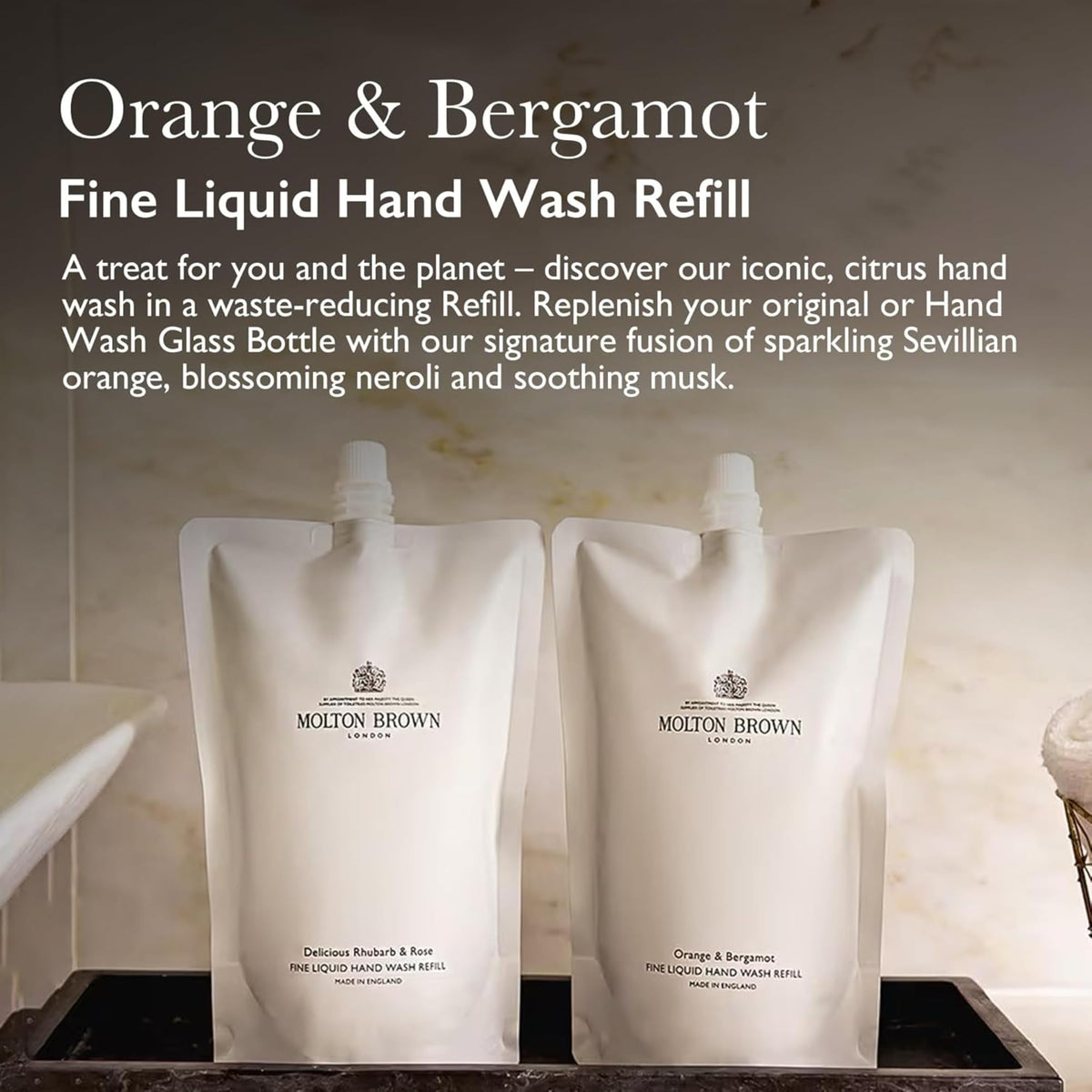 Molton Brown pouch pour spout close-up demonstrating easy refill and reduced waste