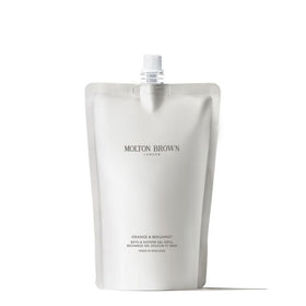Molton Brown refill front packaging shows citrus label and sustainable benefits