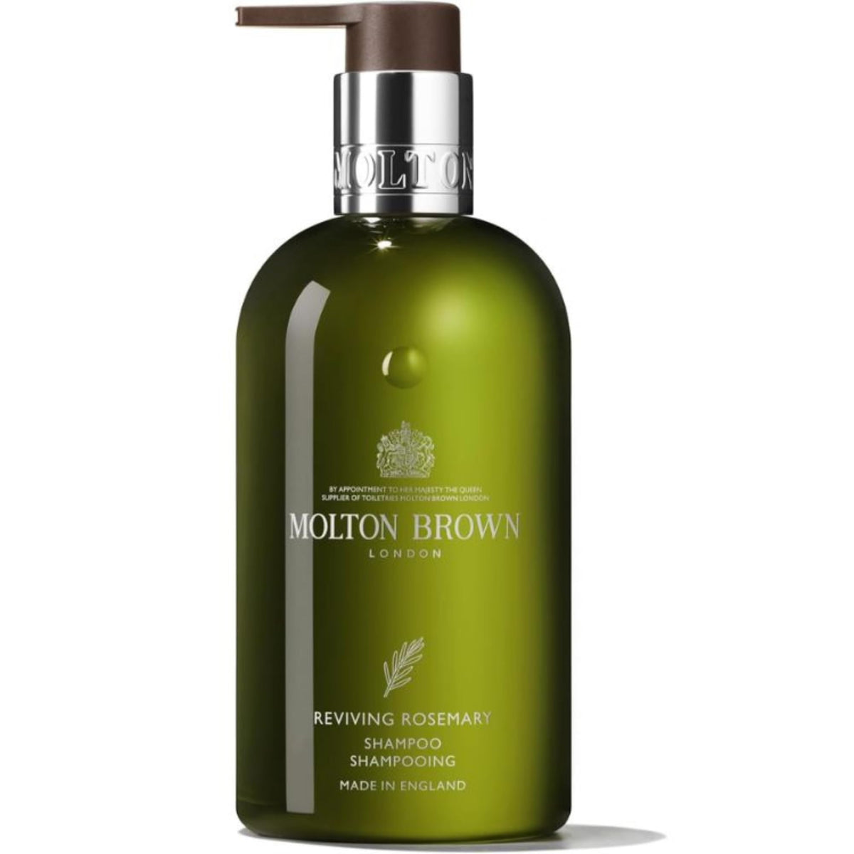 Molton Brown front bottle showing label and premium packaging benefit: clear product ID