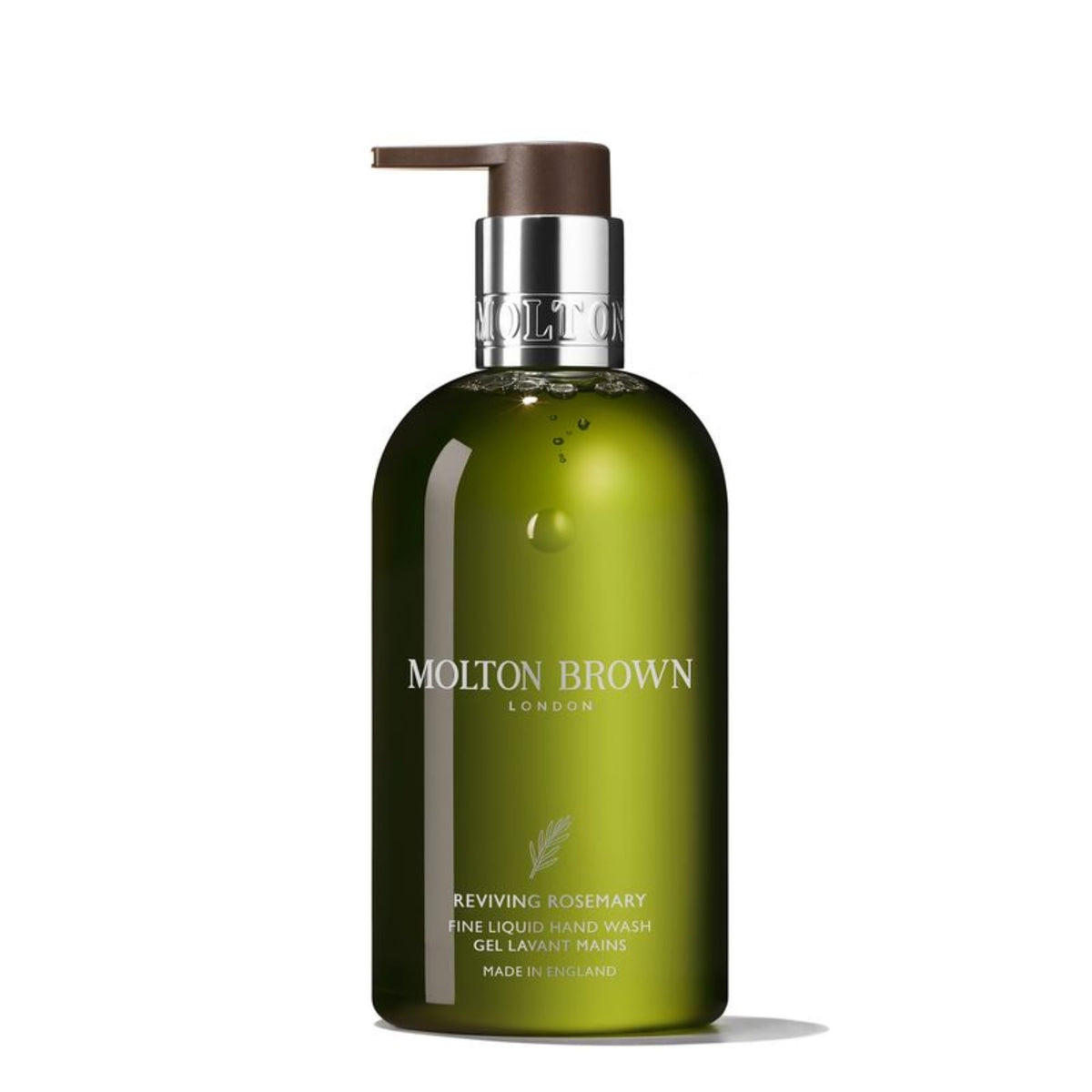 Molton Brown bottle front view showing label and rosemary scent for elegant cleansing