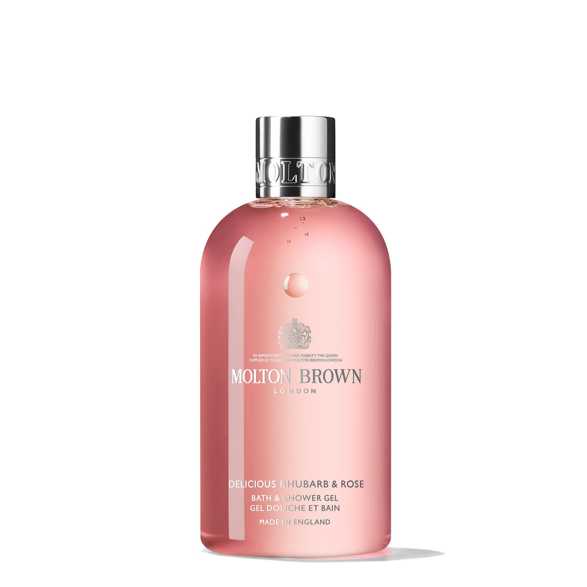 Molton Brown bottle front packaging showing rhubarb and rose scent, evokes uplifting fragrance