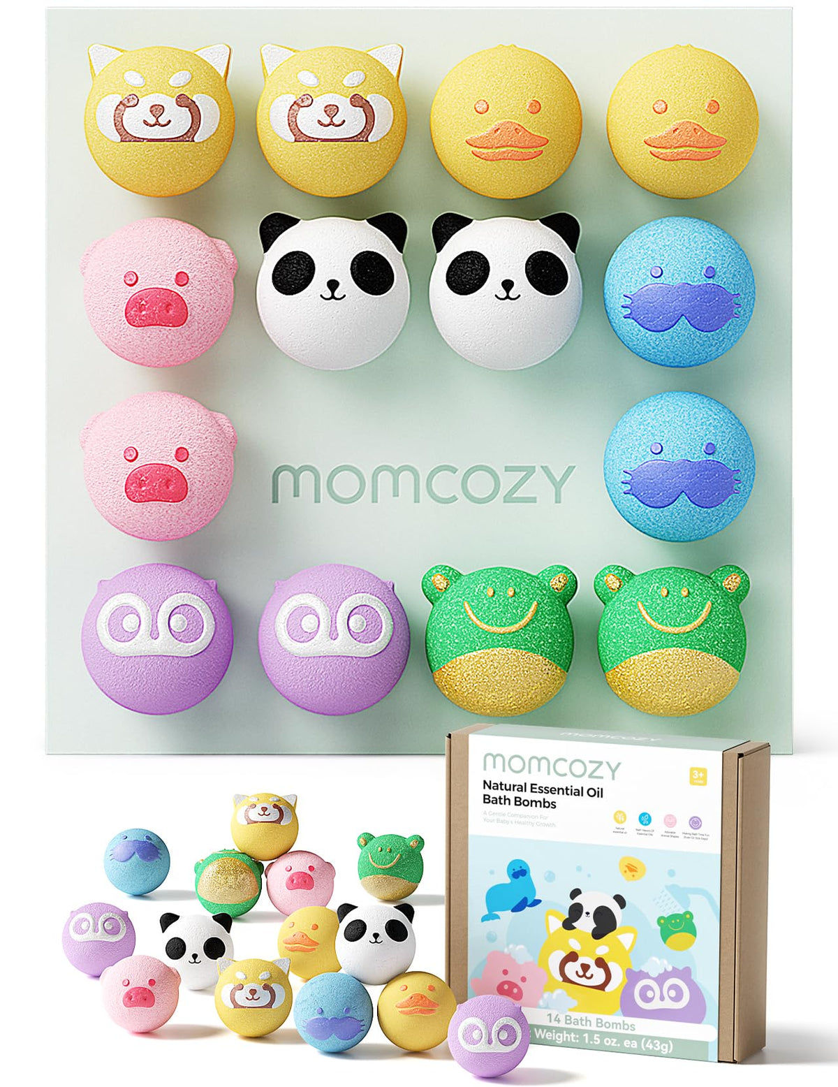 Momcozy front packaging showing 14 animal bath bombs and gift box, creates excitement
