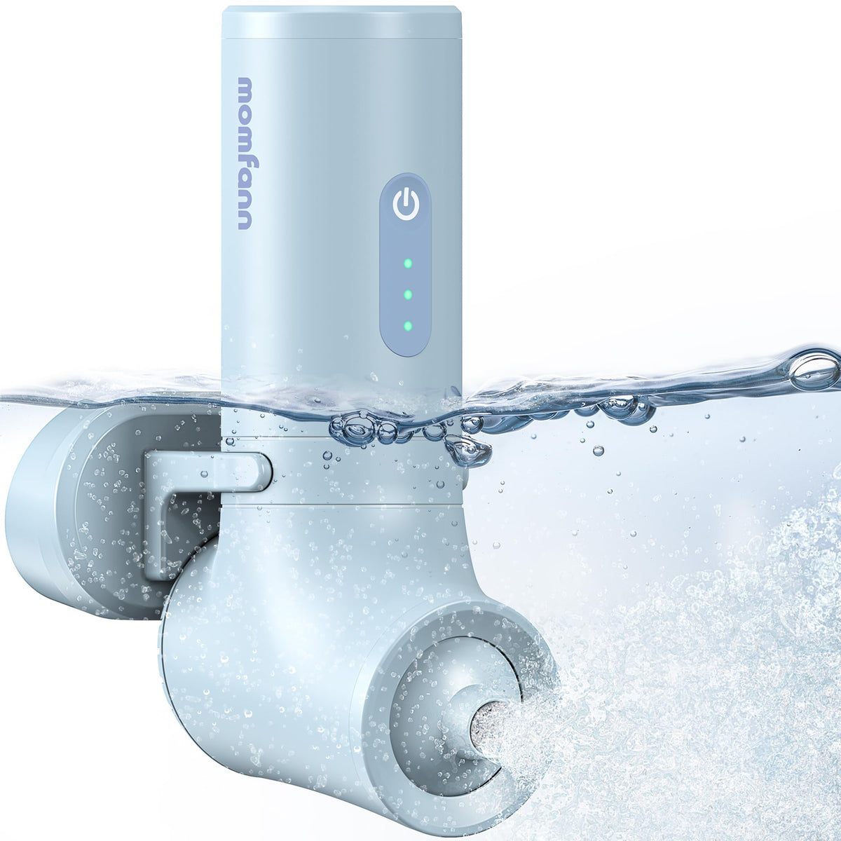 MOMFANN bath jet front view showing compact blue spa unit and easy placement benefits