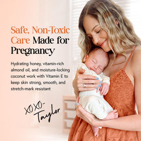 MOMMY LIFE applying belly butter on pregnant belly for long-lasting hydration