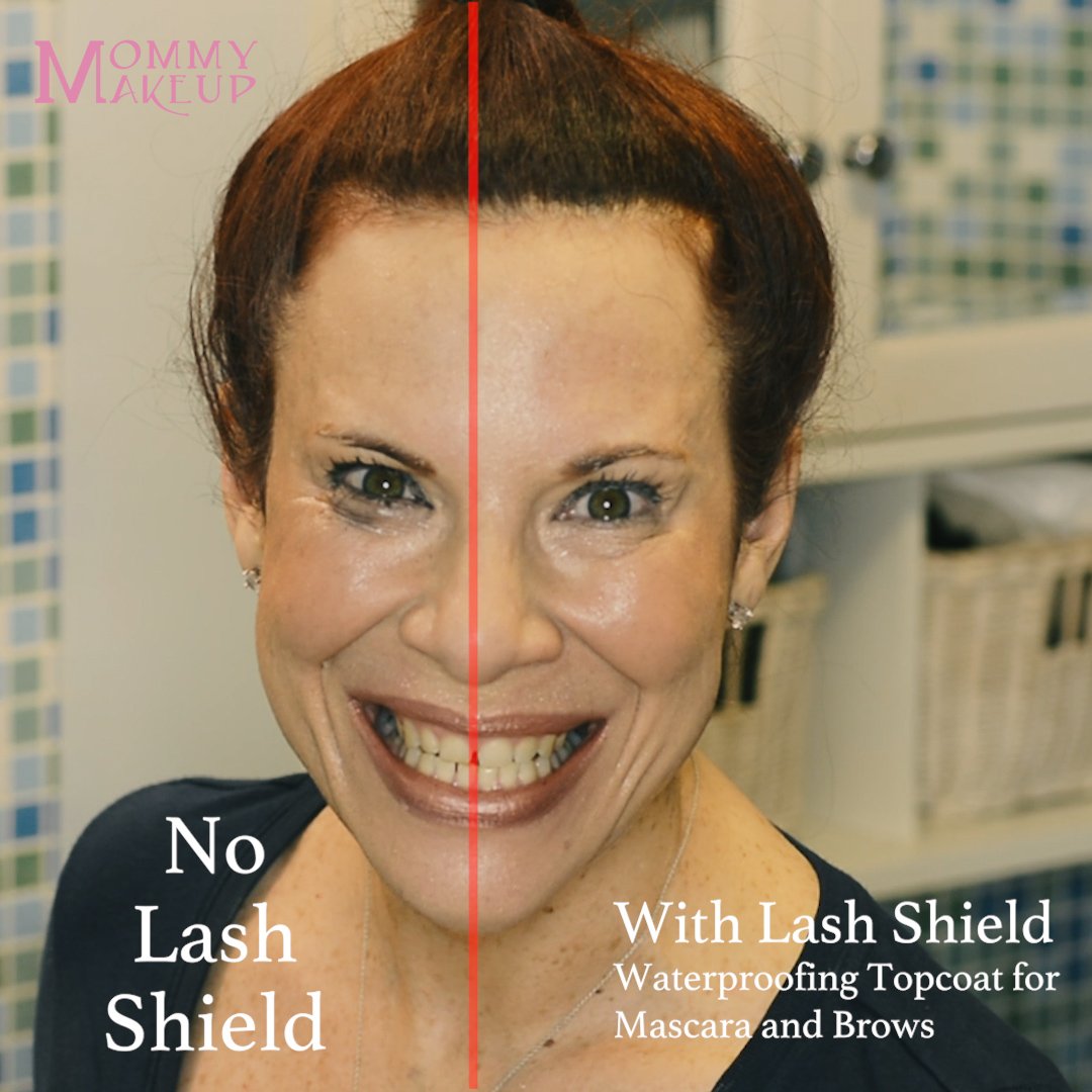 Mommy Makeup applied over mascara resisting water and sweat during wear