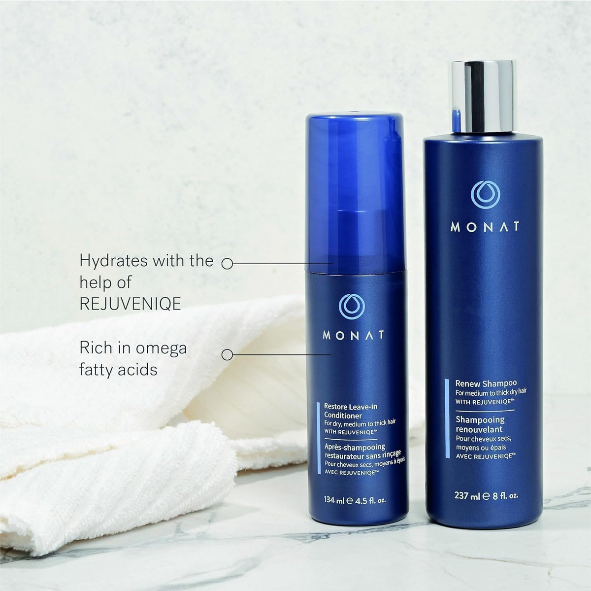 MONAT product being applied to hair demonstrating detangling and smooth finish benefit