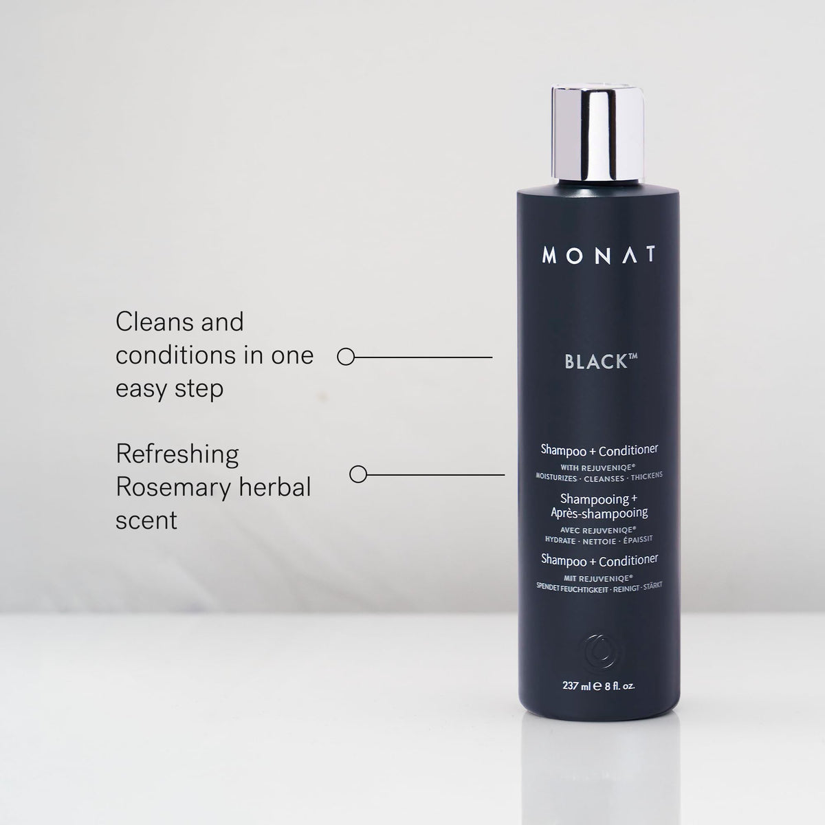 MONAT black bottle label detail highlighting ingredients and claims