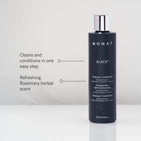 MONAT black bottle label detail highlighting ingredients and claims