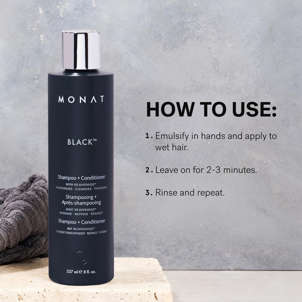 MONAT black on bathroom shelf lifestyle shot showing convenient daily use
