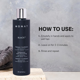 MONAT black on bathroom shelf lifestyle shot showing convenient daily use