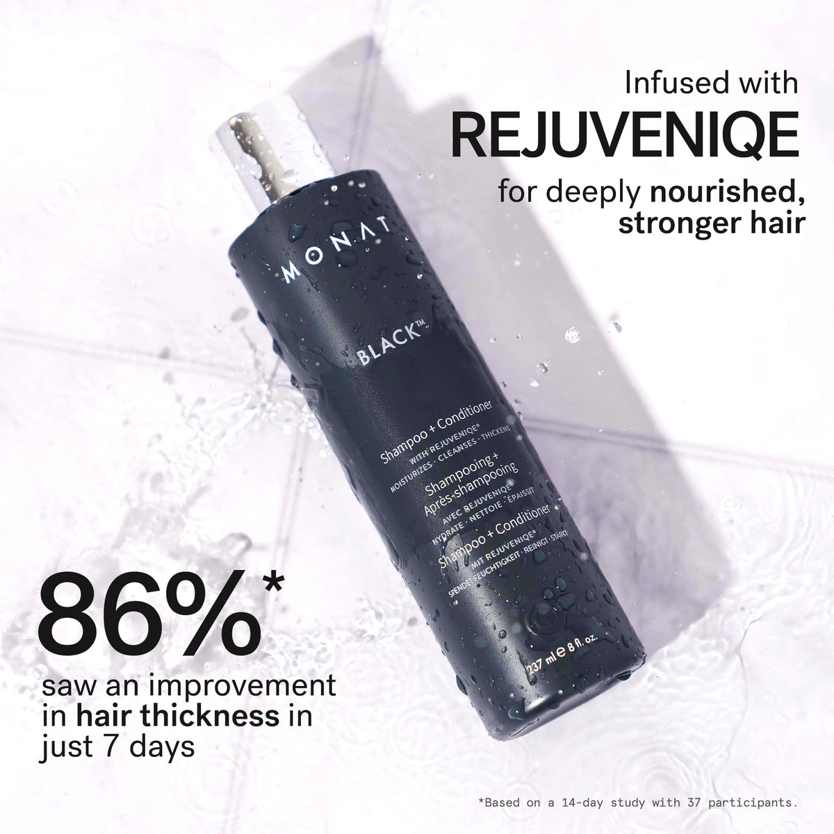 MONAT black in-shower use demonstrating easy one-step cleansing and conditioning