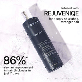 MONAT black in-shower use demonstrating easy one-step cleansing and conditioning