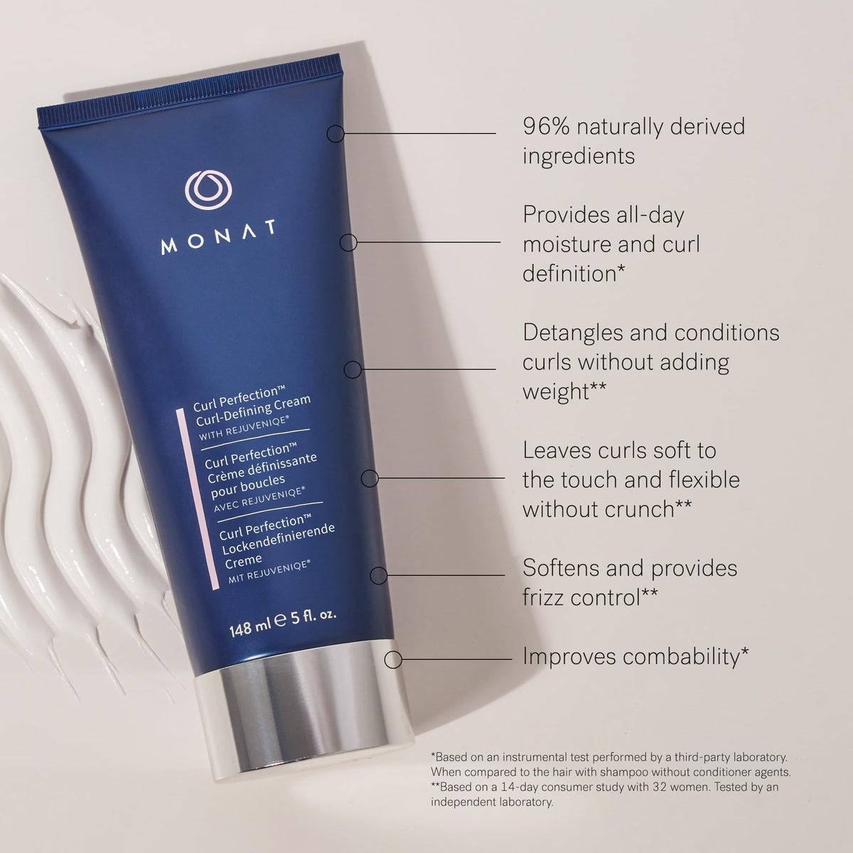 MONAT application on damp hair demonstrating curl activation and frizz control